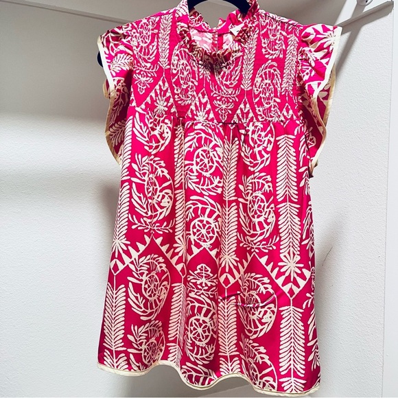 BiBi Women's Bold Pink Paisley Print Smocked Cap Sleeves Flowy Relaxed Tribal L - Picture 2 of 9